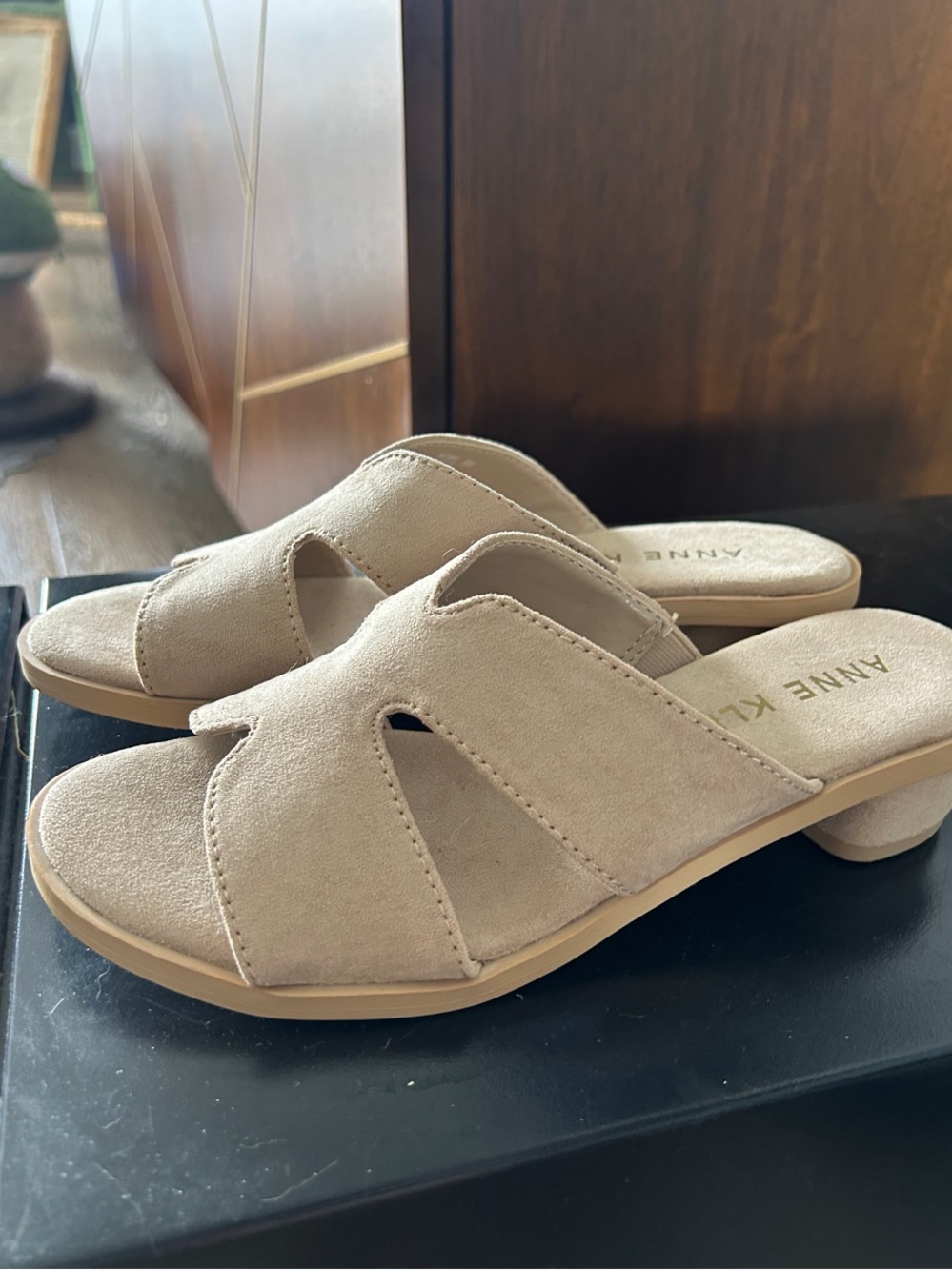 Anne Klein Taupe Suede Open-Toe Slide Mules